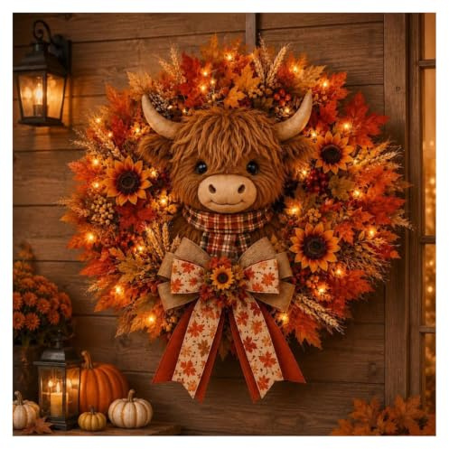 Cute Autumn Highland Cow Wreath Decoration with Lights,Cow Head Door Hanger | Halloween LED Light Wreaths Decor, Fall Farmhouse Hanging Decoration for Porch, Entryway, Halloween Home Wall Decor