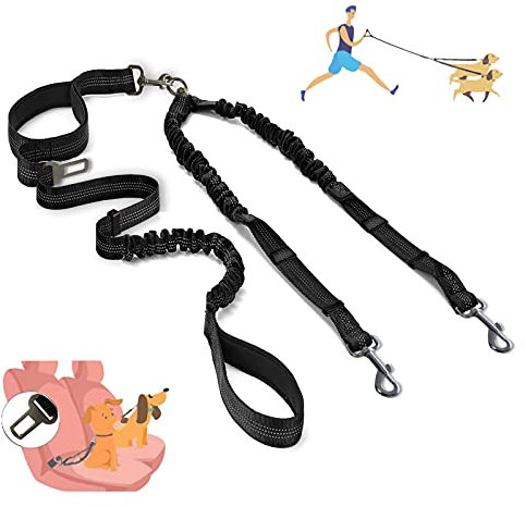 Kelivi Doppelte Hundeleine, Doppelte Leine mit Bequemen Griffen und Autosicherungsschnallen, 360° Drehungsfreie,Reflektierender Verstellbarer Splitter, Geeignet für Zwei Hunde Gleichzeitig Laufen