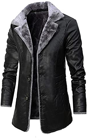 Manteau en Cuir Vintage pour Hommes Noir Longue Veste en Similicuir d'hiver Pardessus en PU avec col en Fourrure