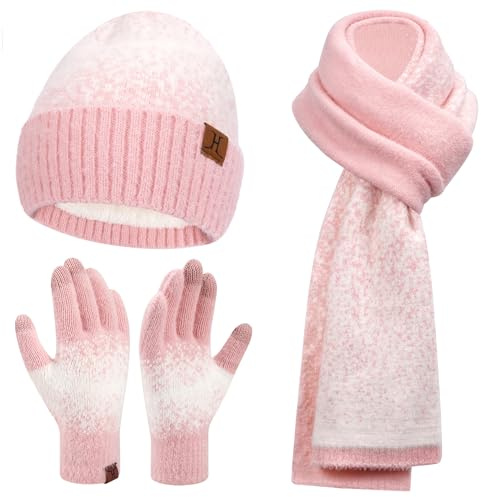 Mujer Invierno Tricotar Gorro Sombreros y Guantes Tactiles Bufanda Larga Conjunto con Calido Forro Polar Gorras de Calavera Guantes Bufandas Rosa Blanco
