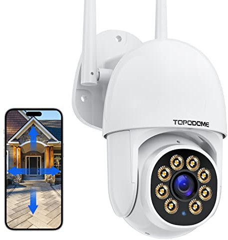Topodome Telecamera Wi-Fi Esterno/Interno 1080P, Videocamera Sorveglianza WiFi Con Rilevazione Umana, PTZ 360 Gradi Auto Tacking, Visione Notturna Infrarossa e Color 25m, Audio Bidirezionale IP66