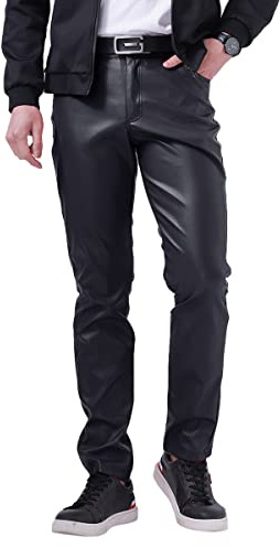 Oanviso Pantalon PU Cuir Homme Noir L - Décontracté Moderne Poche Crayon Serré pour Spectacle de Scène Business
