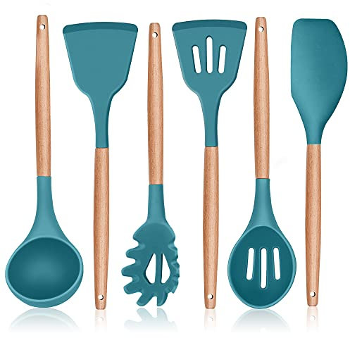 Herogo Küchenhelfer Set, 6 Stück Silikon Kochutensilien Kochbesteck Set, Hitzebeständiger Kochgeschirr Küchenutensilien Set mit Holzgriff, Antihaft & Gesund, Leicht zu reinigen – Blau