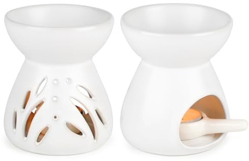 LALAGO 2PCS Duftlampe aus Keramik, Duftlicht mit der Candle Löffel, Trichtermodell Ätherische Ölbrenner Wachsschmelzbrenner Duftwachs Lampe Aroma-Diffusor Kerzenbrenner(Weiß)