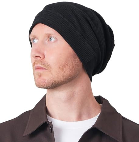 CHARM Herren Damen Dünne Sommer Strick Hut Long XXL Beanie Baumwolle Strickmütze Großer Kopf Waffel Jersey Stoff Schwarz