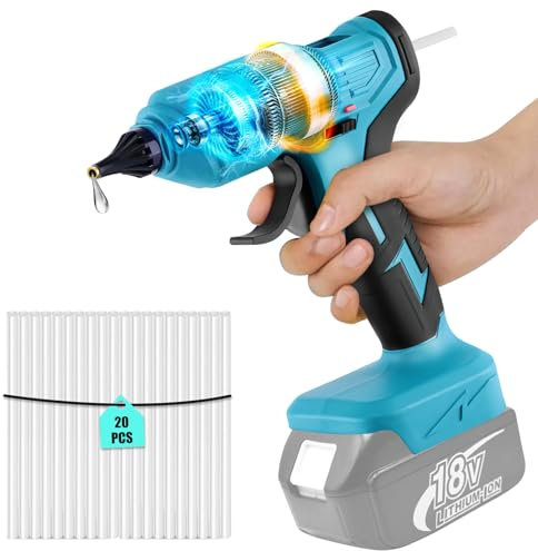 Pistola silicona caliente sin cable, compatible con Makita 18V batería, 100W, Máx. 260℃, Pistola termofusible con 20pcs 11mm barras de pegamento para manualidades DIY (sólo herramientas)