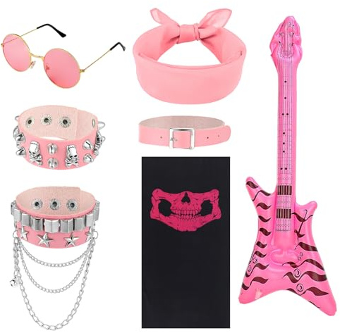 Radsocken 7Pcs Punk Gothic Rocker Costume Set,Rock Heavy Metal Accessories with Retro Sunglasses Bandana Bracelet Inflatable Guitar for Women Men Halloween 80s Disco Party,Pink