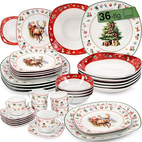 SÄNGER | Kombiservice Bilgola Christmas mit Weihnachtsmotiven, 36-tlg Geschirrset für 6 Personen mit Speise-, Dessert- & Suppentellern, Müslischalen, Kaffeetassen aus Porzellan |PREMIUM COLLECTION