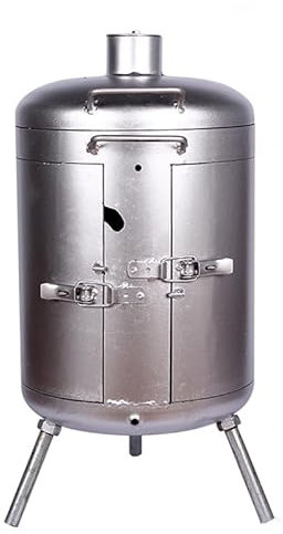 Barile di Carbone per Barbecue, barile per Barbecue, Cilindro per Barbecue con Stufa sospesa, griglia sospesa a Carbone, Acciaio Spesso, Potenza di Fuoco Regolabile, con termometro, Argento