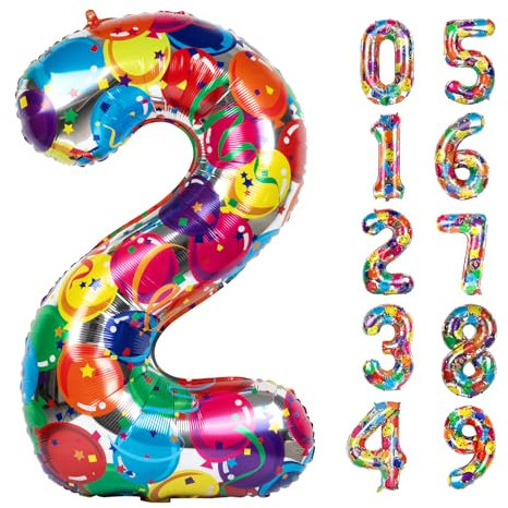 Number 2 Balloon 40 Inch Colourful Two Balloon Number Birthday Decor, 2nd 12 21st Party Celebration Decorations Graduations Anniversary Baby Shower