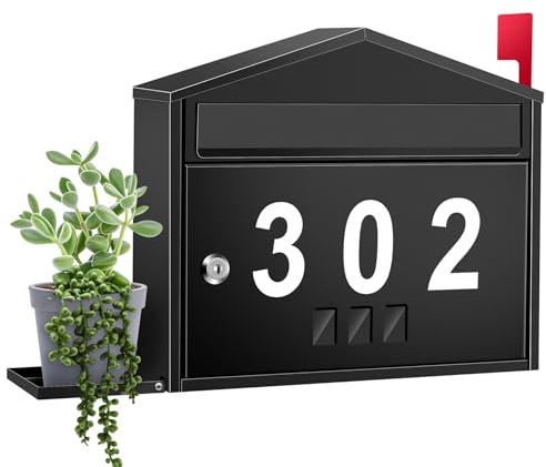 Wall-Mount Mailbox with Flag, Large Capacity Mailboxes for Outside House with Planter Holder & 3 Sets of 0-9 Number Stickers, Locking Galvanized Steel Rust-Proof Post Box Metal Mail Box with Key Lock