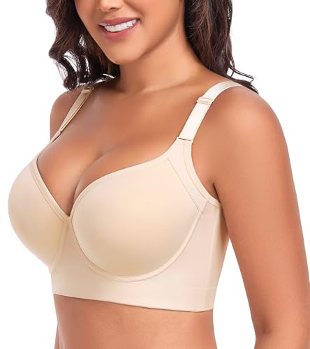 DotVol Women's Push Up Full Coverage Underwire Support Everyday T-Shirt Bra Hide Back Fat(Beige,42DD)