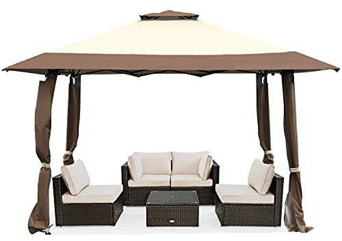 COSTWAY Paviljong 4 x 4 m, pop-up hopfällbar paviljong med dubbeltak, vattentät stabil UV-skydd 50+, trädgårdspaviljong med bärväska på hjul, trädgårdstält för terrass, trädgård (kaki)