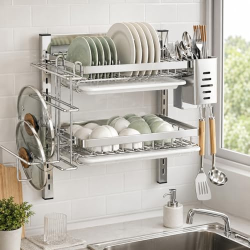 Estante de secado de platos montado en la pared — Estante de secado de cocina ajustable de 2/3 niveles con escurridor, ganchos y soporte para cubiertos, diseño sin perforación que ahorra espacio
