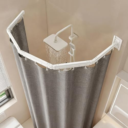 YUZINO Faltbare Duschvorhangstange Ohne Bohren, 5-Fach Faltbar & Drehbar, Aluminiumlegierung, mit 180 x 200 cm Wasserdichtem Antischimmel Duschvorhang, Für Badezimmer Badewanne (Weiß/Grau)