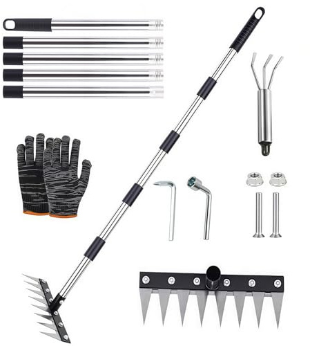 Rastrillo de Deshierbe con Mango de Acero Inoxidable 185cm, Rastrillo de Acero Grueso de 8 Dientes, Herramienta de Extracción de Malas Hierbas, para Deshierbar, Aflojar, Sembrar, Patio y Jardín