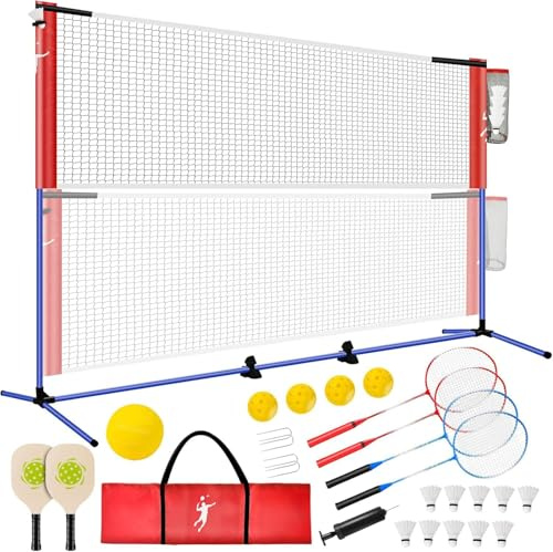 KIKILIVE Rete Multisport Regolabile per Badminton, Pallavolo, Pickleball e Tennis | Set Portatile con Paddle e Racchette, 5 Punti di Ancoraggio Indoor/Outdoor