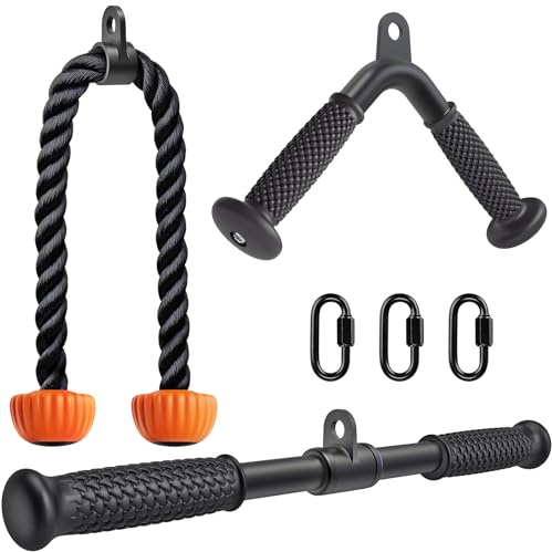 Kipika Tricep Pull Down Attachment, Cable Machine Accessories for Home Gym, Cable Machine Attachments Pulley System Gym, LAT Pull Down Attachment (F: Tricep Rope+V-Shaped bar+Rotating Bar)