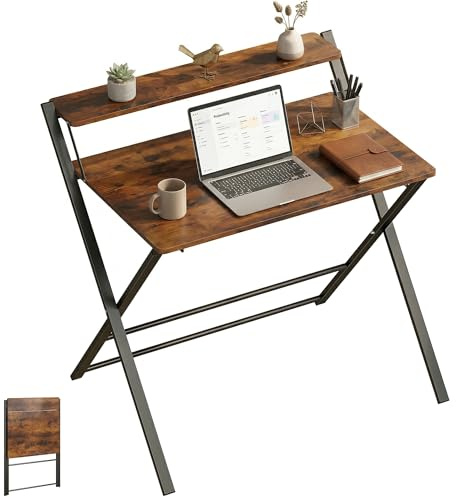 HOMCOM Compact Folding Desk Foldable 86 x 66 x 82 cm Rustic Brown | for Small Spaces, Foldable Computer Desk with Storage Shelf for Home Office, 2-Tier Study Writing Table