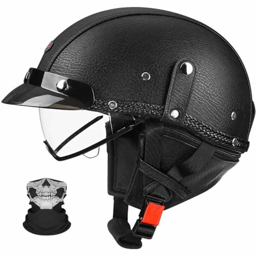 BCYBD Casque Moto Jet Demi-Casque Vintage Homologué ECE 22.06 | avec Visière Rétractable et Masque,Coque ABS Cuir,pour Homme Femme,M-2XL (57-64 cm)