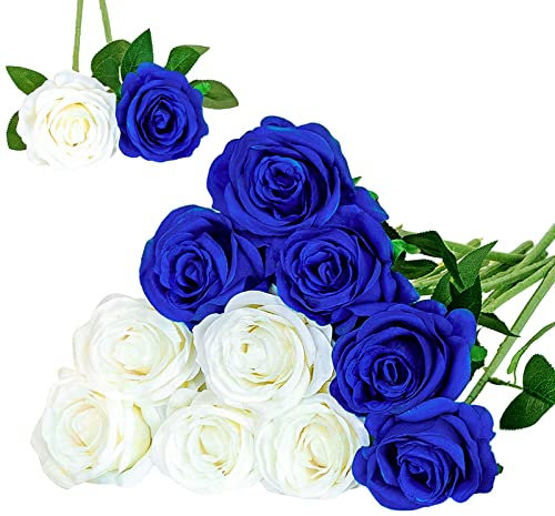 Floralsecret 12 Pièces Roses Artificielles Bouquet de Fleurs Faux Soie Fleurs Home Wedding Party Decor(Blanc, Bleu)