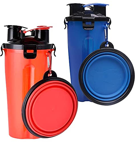GEEZY 2 in 1 Dog Water & Food Bottle with Collapsible Bowl – Dual Compartments, Leakproof Lid, Travel-Friendly, Easy Grip – Great for Walks, Hiking, Outdoors, Dog & Puppy Lovers