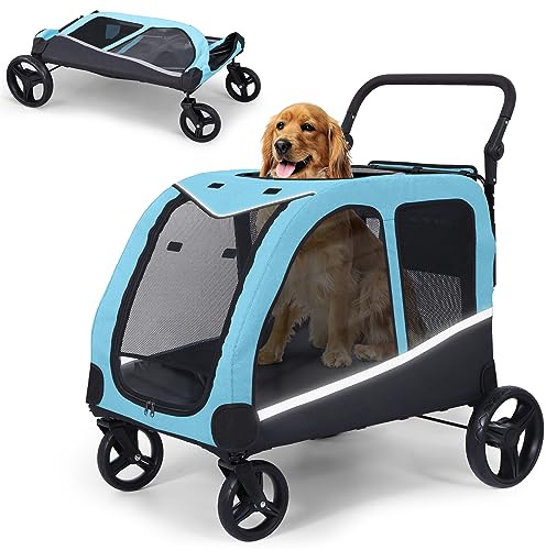Saudism Dog Stroller for Large Dogs, Extra Large Pet Stroller for Medium Dogs, Dog Wagon Carriage, Foldable Design, Adjustable Handle, with Pocket, Up to 130 lbs, Blue