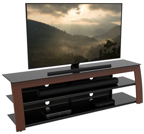 AVF Large TV Stand Walnut - 1.8m Wide Real Wood Veneer & Black Glass TV Floor Stand Unit For Screens Up to 90 & 60kg Max Weight - Open Glass Shelving and Cable Management - Easy Assembly