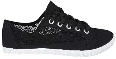 Womens Canvas Shoes Trainers Casual Plimsolls LACE UP Flat Embroidered Pumps Size UK 3-7 (EU 36-40) (Black,Footwea Women, Medium, Numeric_4)