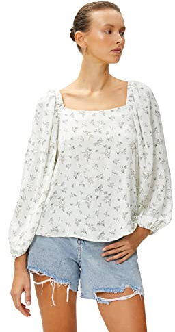 Koton Floral Blouse Square Neck Puff Sleeve Blusas, Grün Gemustert (7d5), 46 para Mujer