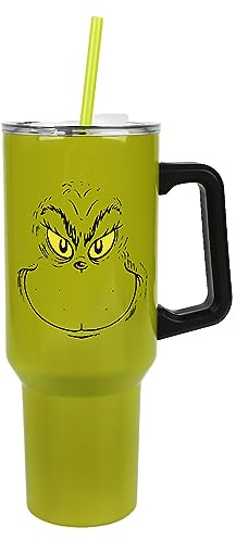Bioworld Grinch Grinning Face 40 Oz Green Stainless Steel Tumbler With Handle