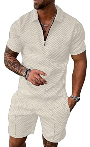 Fastkoala Herrkläder Kostym Set 2 delar pikétröja och kort träningsoverall slag träningskläder sweatsuits, Khaki, L