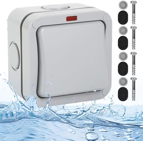 Interruptor universal resistente a la intemperie, interruptor de luz: 20 A IP66, resistente al agua, interruptor con interruptor independiente y luz de control, gris para exterior, jardín, balcón (1