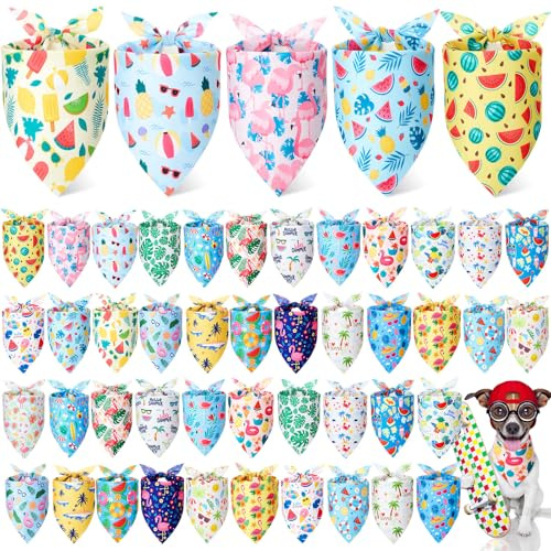 Sweetude 50 Pcs Dog Bandanas Bulk for Summer Hawaii Puppy Bandanas Adjustable Triangle Scarf Set Holiday for Small Medium Large Pet Costume Accessories(31.5 x 21.7 x 21.7 Inch, Flamingo)