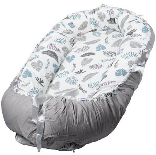 LuxeVogue Portable Baby Support Base for Awake Time – Foldable & Soft – 100% Cotton - Machine Washable - Perfect Baby Gift– Breathable & Soft Travel for baby Boys & Girls (Feathers n Leaves-Grey)
