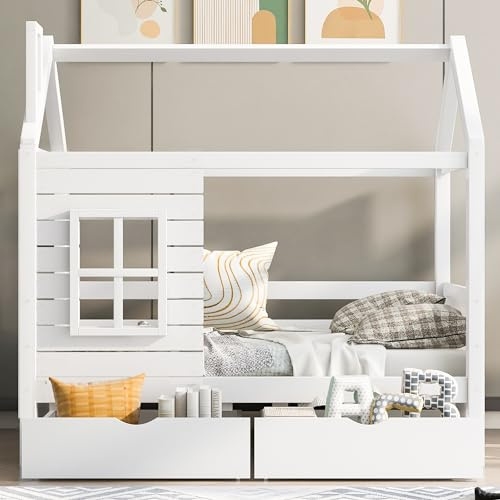 Moimhear Hausbett Kinderbett, 80x160cm(Innenmaße), mit Rausfallschutz vielseitiges Holz Kinderbett für Jungen&Mädchen, Massivholz Kinder Bett, Weiß