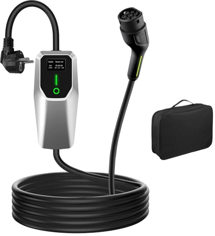 AWESAFE Chargeur Voiture Electrique, Type 2, Mono-phasé 16A, (3.68kW, 5m) Réglable à 6A/8A/10A/13A/16A,Courant Commutable, Boîtier de contrôle argenté, avec Prise Schuko pour Usage Domestique,