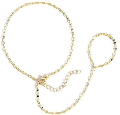 RMMD Handkette Armband 14K Vergolate/Weißgold Zirkon Perlen Handkette Gold Damen Armband mit Ring Verbunden Boho Geschenke für Frauen Hand Chain Gold Bracelet Women Jewelry Modeschmuck, 18+5cm, Cobre