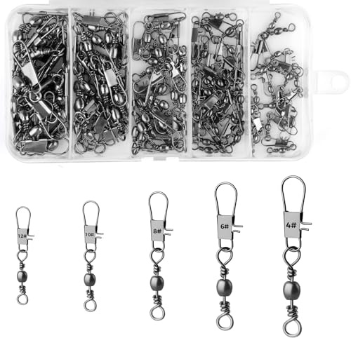 Arvoni 100 Pcs Fishing Swivels and Clips, 360° Anti-Twist Rotation Swivels Fishing Tackle, Stainless Steel Material Quick Change Swivels Fishing Hooks to Line Connectors(2# 4# 6# 8# 10#)