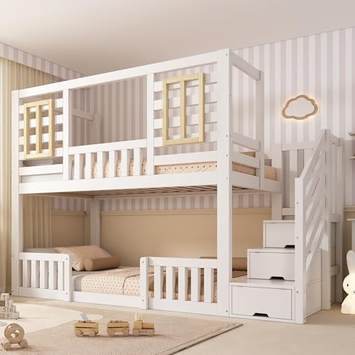 Kuczn Bunk Beds for Kids, Wooden Cabin Bed with Staircase Storage, Multi-functional Tree-house Bed, Children's House Bed, Twin Sleeper (90+90) x 190 cm, Solid Wood, White