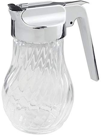 FM PROFESSIONAL Dispensador Multiusos con Asa 280 ml Dispensador de Líquido Azucarero de Cristal Dosificador con Palanca en Acero Inoxidable Dispensador de aceite Transparente 9,5x8x10cm