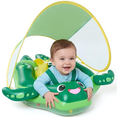 Sloosh Baby Swimming Floats with Removable Sun Canopy, Inflatable Baby Pool Float, Sea Turtle Design Infant Swim Float Ring Swimming Pool Accessories for Age 6-36 Months（L）