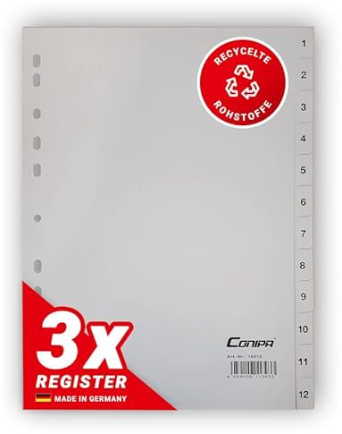 Conipa® - 3er Set 1-12 Register für Ordner DIN A4 (MADE IN GERMANY) - Ordner-Registerblätter & Trennblätter mit Zahlen (nummeriert) Kunststoff (PP) - Trennregister Akten, Ringbücher & Hefter (Grau)