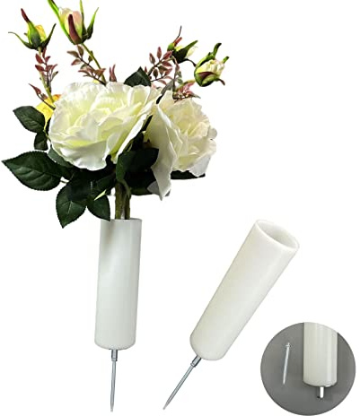 2 st – 28 cm vit gravvas för kyrkogården med spikar, cylindriska blomhållare, dekorationer för kyrkogården med metallspikar för trädgårdsgård (vit, 2)