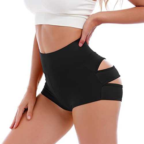 IBAKOM Femme Short Taille Haute avec Découpes Rave Booty pour Yoga, Entraînement, Mini Pantalon Actif, Dancewear, Vêtement de Club, Noir , S