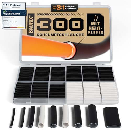 BAURIX® Set di Guaina Termorestringente 300 Pezzi - Rapporto di restringimento 3:1 - Tubo Termorestringente per Cavi Elettrici con strato interno colla a caldo - Impermeabile IP67 - Lunghezza 45 mm