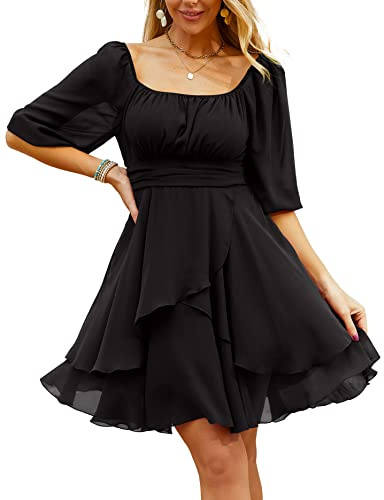 Beluring Womens Square Neck Dress Short Lantern Sleeve Casual Ruffle Mini Dress Black XL
