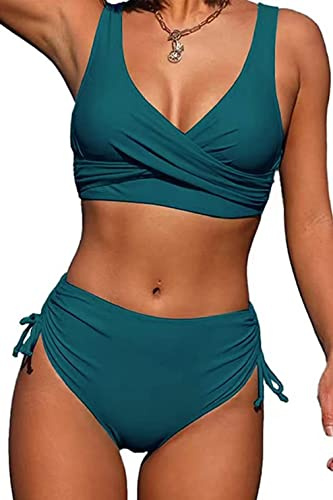 CheChury Bikini Mujer Traje de Baño de Cintura Alta Vintage Cuello en V Push Up Relleno Tops y Lateral con Cordones Braguitas Conjunto de Bikini de Color Sólido