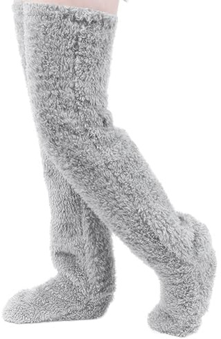Chaussettes Overknee En Peluche Moelleuses,Chaussettes Hautes Montantes Femme,Chaussettes Pelucheuses,Jambes Chaussettes Chaussettes Chauffantes,Sommeil Chaudes L'Hiver,Cadeau de Noël (Light Grey)