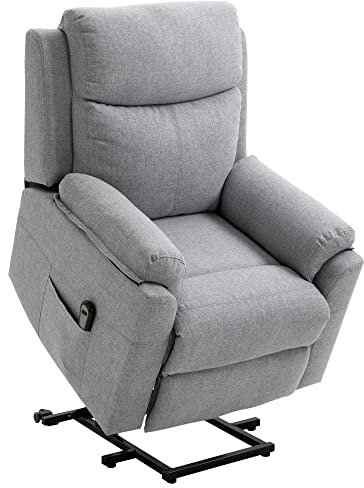 HOMCOM Fernsehsessel mit Aufstehhilfe Elektrisch Relaxsessel mit Liegefunktion, TV-Sessel mit Fernbedienung Seitentasche Taschenfederkern Leinenoptik Grau